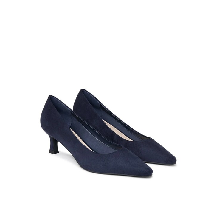 Paradox London Tova Navy Suede Flared Low Heel Court Shoes